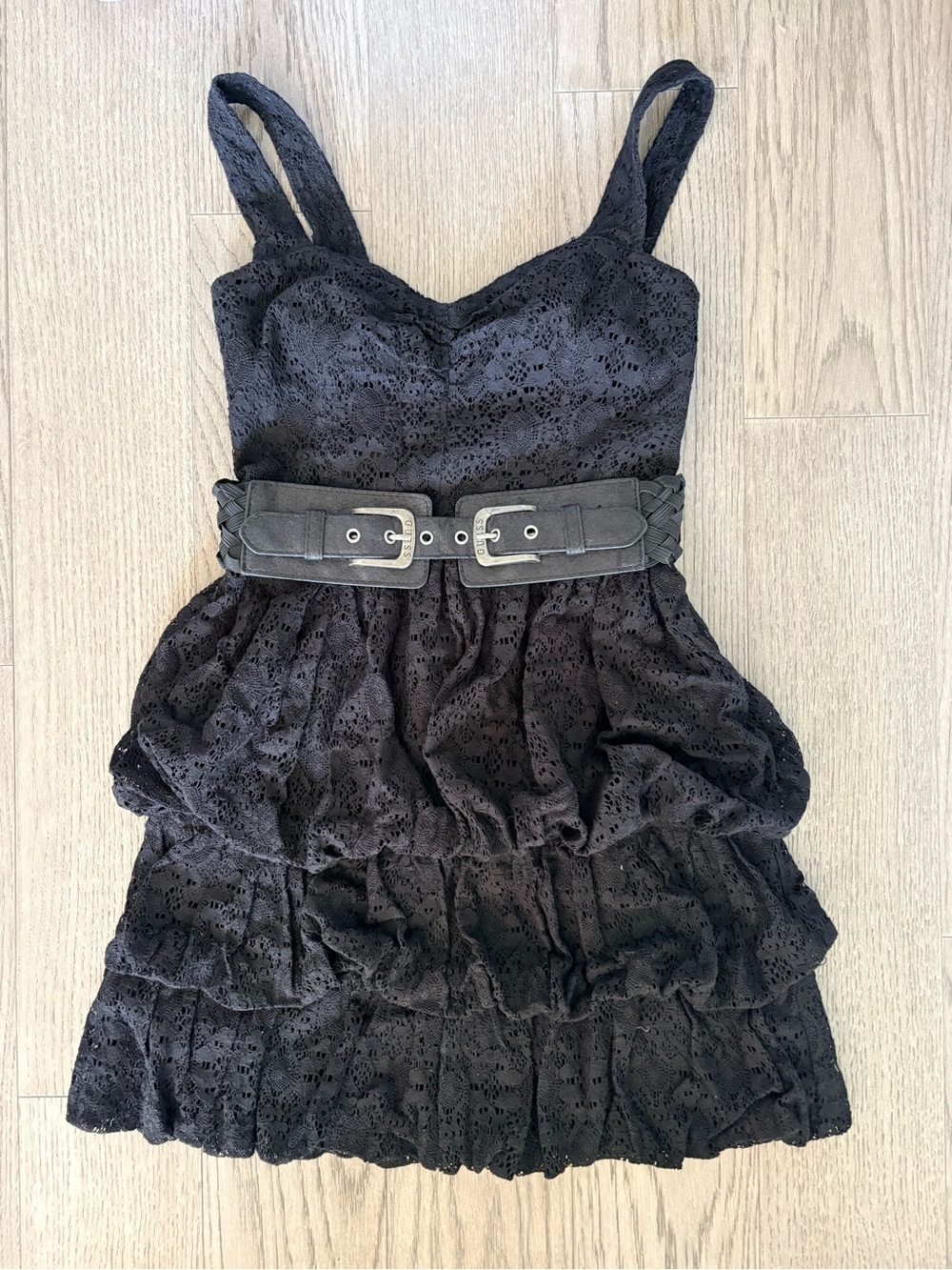 Guess Black Lace Tiered Dress with Braided Belt